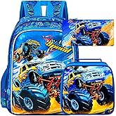 UFNDC 3PCS Boys Truck Backpack, Kids Car Bookbag with Lunch Box, Water Resistant School Bag for Elementary Preschool Toddler