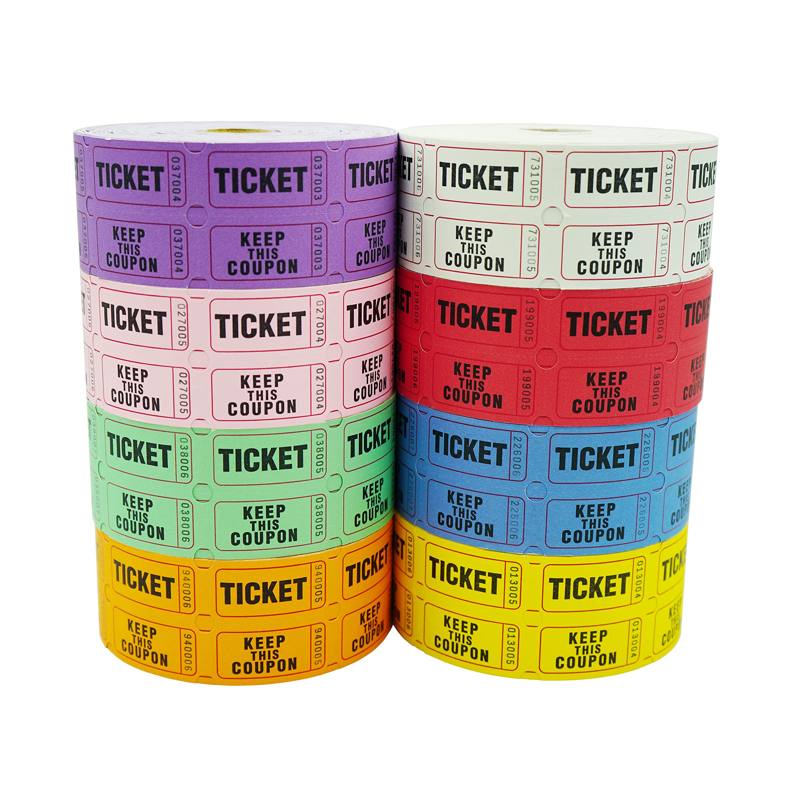 Photo 1 of DNB 8000 Pairs Raffle Tickets - 8 Color Set of 1000 2 x 2 Inch 50/50 Double Roll Raffle Tickets - Pink/Red/White/Green/Blue/Yellow/Orange/Purple