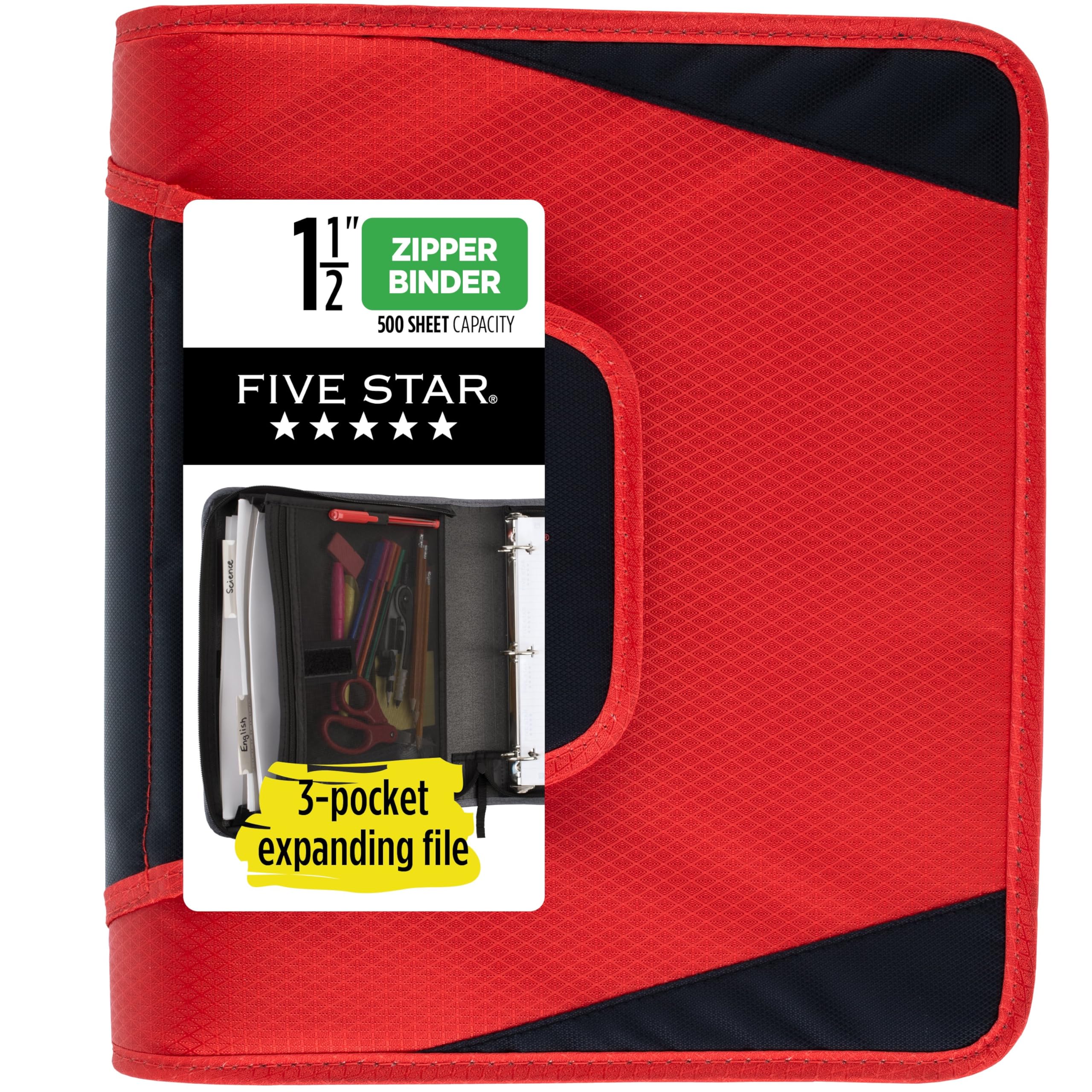 Five Star Zipper Binder, 1-1/2 Inch 3-Ring Binder for School, 3 Pocket Expanding File, 500 Sheet Capacity, Red (72206)
