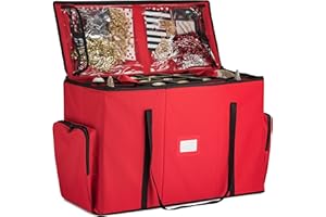 ZOBER All in One Christmas Ornament Storage Box & Decoration Container - Easy Access Removable Trays, Keeps 73 Ornaments - Adjustable Extent Area for Figurines and Pockets for Decoration - Red