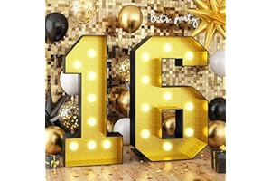 PAEYEQ 4FT Marquee Light Up Numbers 16, Black Gold Marquee Numbers Frame Marquee Mosaic Numbers for 16th Birthday, Giant Marquee Number 4 Feet Tall DIY Frame Pre-Cut Foam Board Kit for Graduation Anniversary