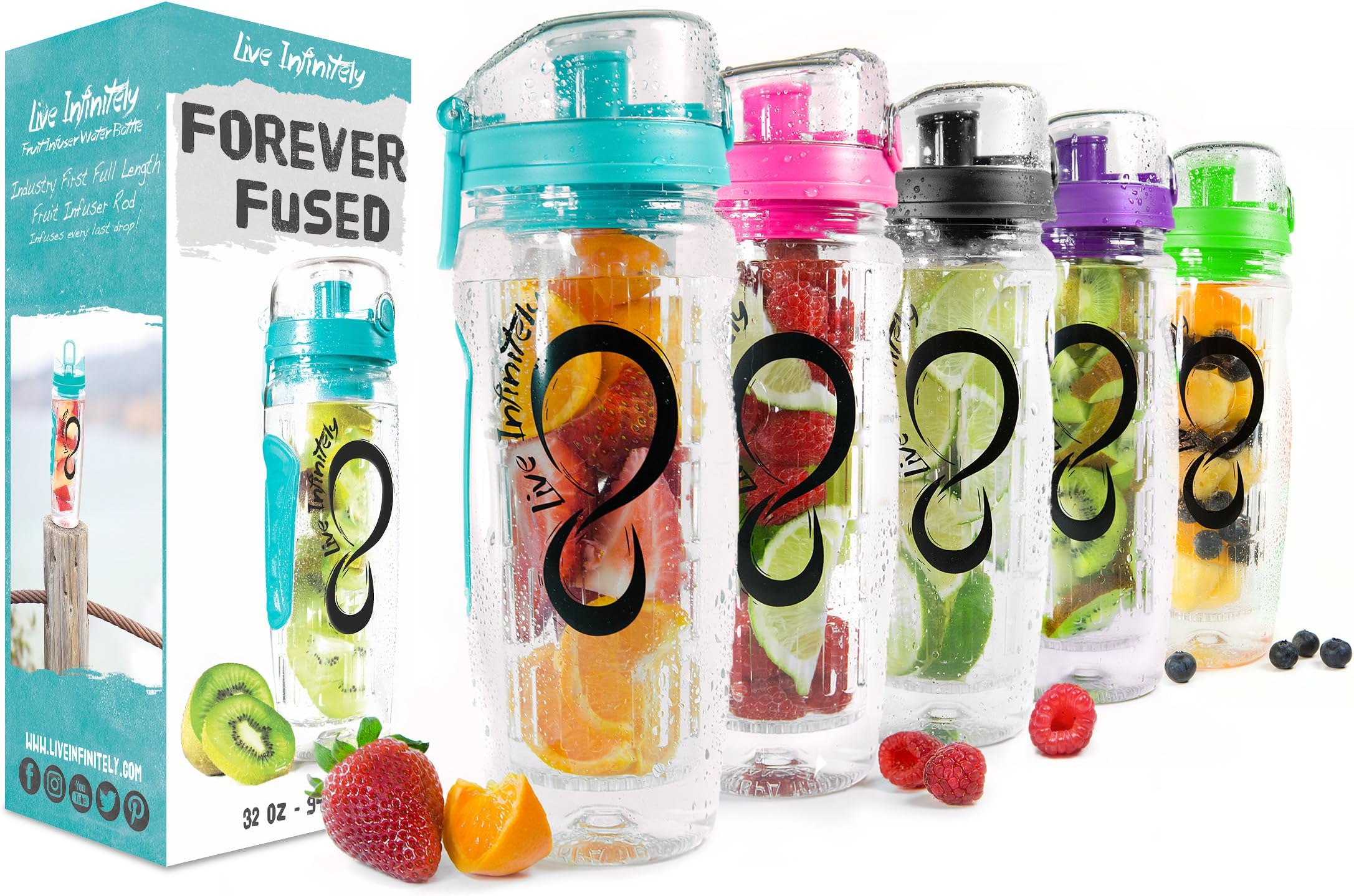 Live Infinitely 32 oz. Infuser Water Bottles - Featuring a Full Length Infusion Rod, Flip Top Lid, Dual Hand Grips & Recipe Ebook Gift (Bright Teal, 32 oz)
