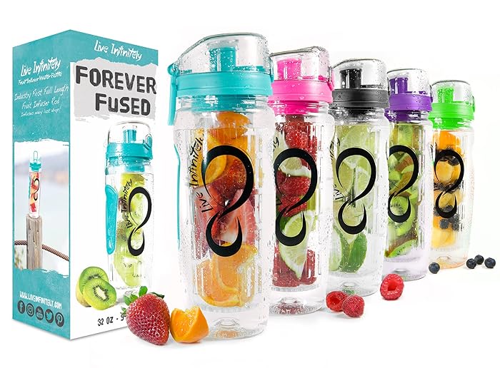 Live Infinitely 32 oz. Infuser Water Bottles - Featuring a Full Length Infusion Rod, Flip Top Lid, Dual Hand Grips & Recipe Ebook Gift