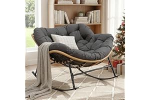 NICESOUL Rocking Papasan Chair Indoor Outdoor, Cushioned Patio Rattan Rocker, Oversized Large Egg Royal Rocking Chairs, 450lbs Sturdy Comfy Lounge Glider for Outside, Balcony, Porch, Xmas Gift, Grey