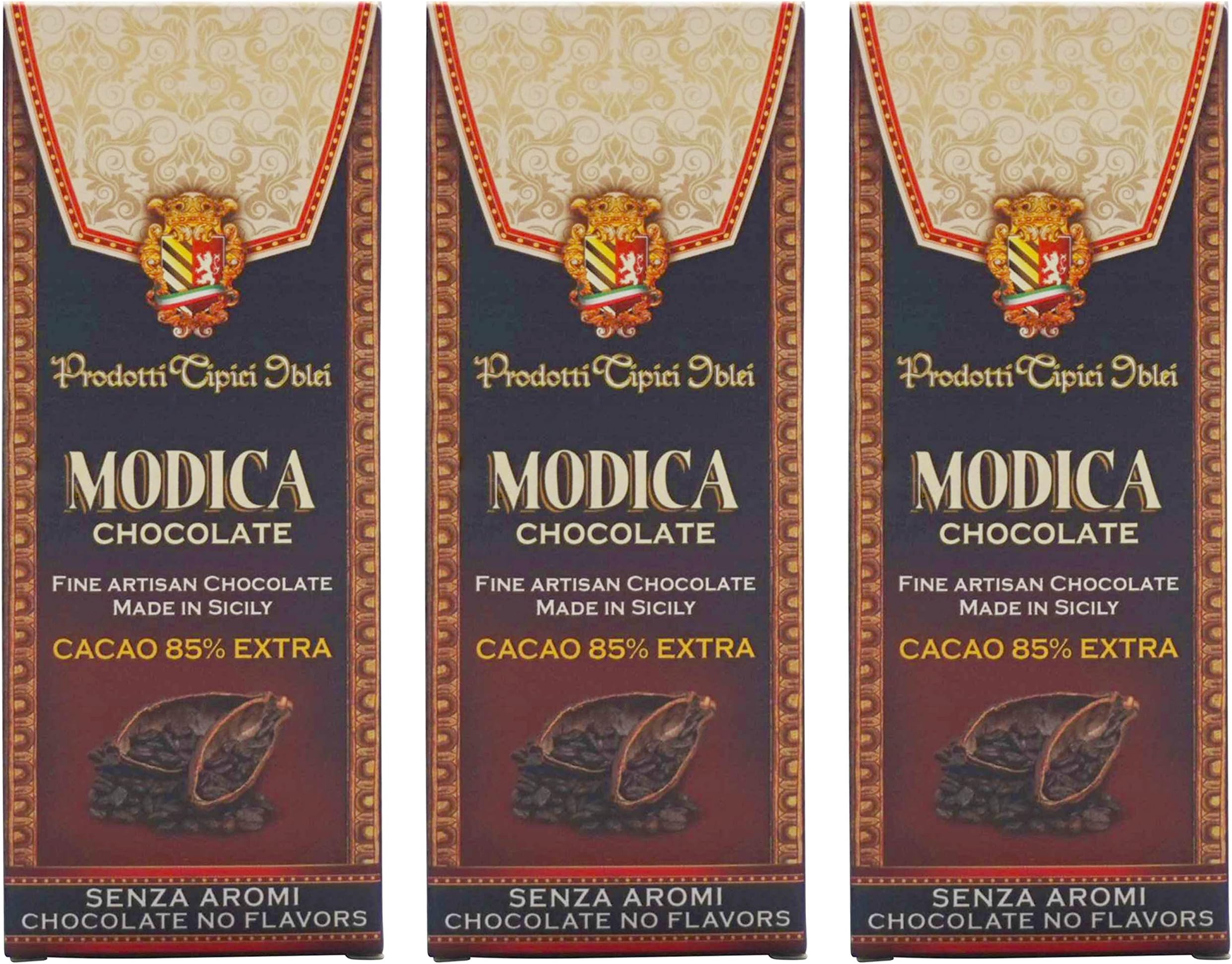 Prodotti Tipici Iblei: Modica Chocolate, Cocoa 85% with No Flavors 3.5 Ounce (100gr) Packages (Pack of 3) [ Italian Import ]