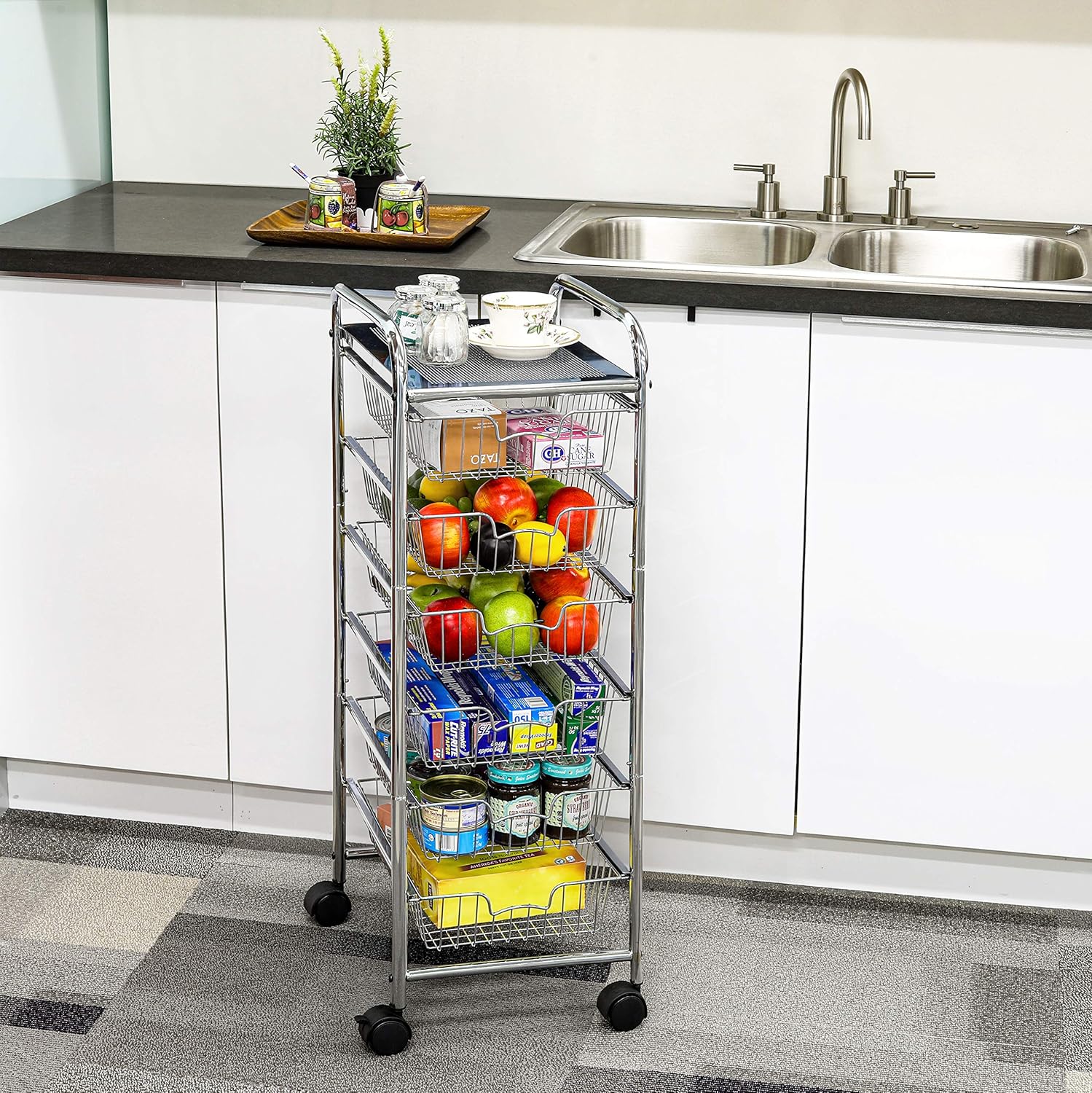 6-Drawer Wire Grid Rolling Utility Storage Organizer Cart, Chrome : Office Products
