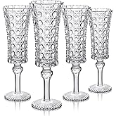 Joeyan Vintage Glass Champagne Flutes,4 oz Embossed Sparkling Wine Glasses for Cava Prosecco,Diamond Patterned Toasting Goblet Glasses,Decorative Stemware for Wedding Anniversary Birthday,Set of 4