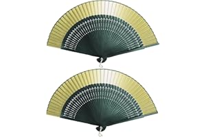 FoDau770 Classical Folding Fans, 2 Pieces Bamboo Handheld Fans, Golden and Green Silk Hand Fans for Cosplay, Dancing, Decoration, Party