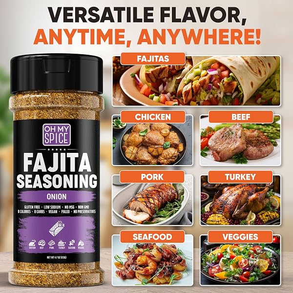 FAJITA SEASONING MIX ONION POWDER SEASONING – GLUTEN FREE & LOW SODIUM MEXICAN SEASONINGS BLEND FOR MEAT & VEGETABLES, FISH, STEAK & CHICKEN FAJITA. TACO MIX SPICES. FAJITAS SEASONINGS SPICE. 4.7OZ