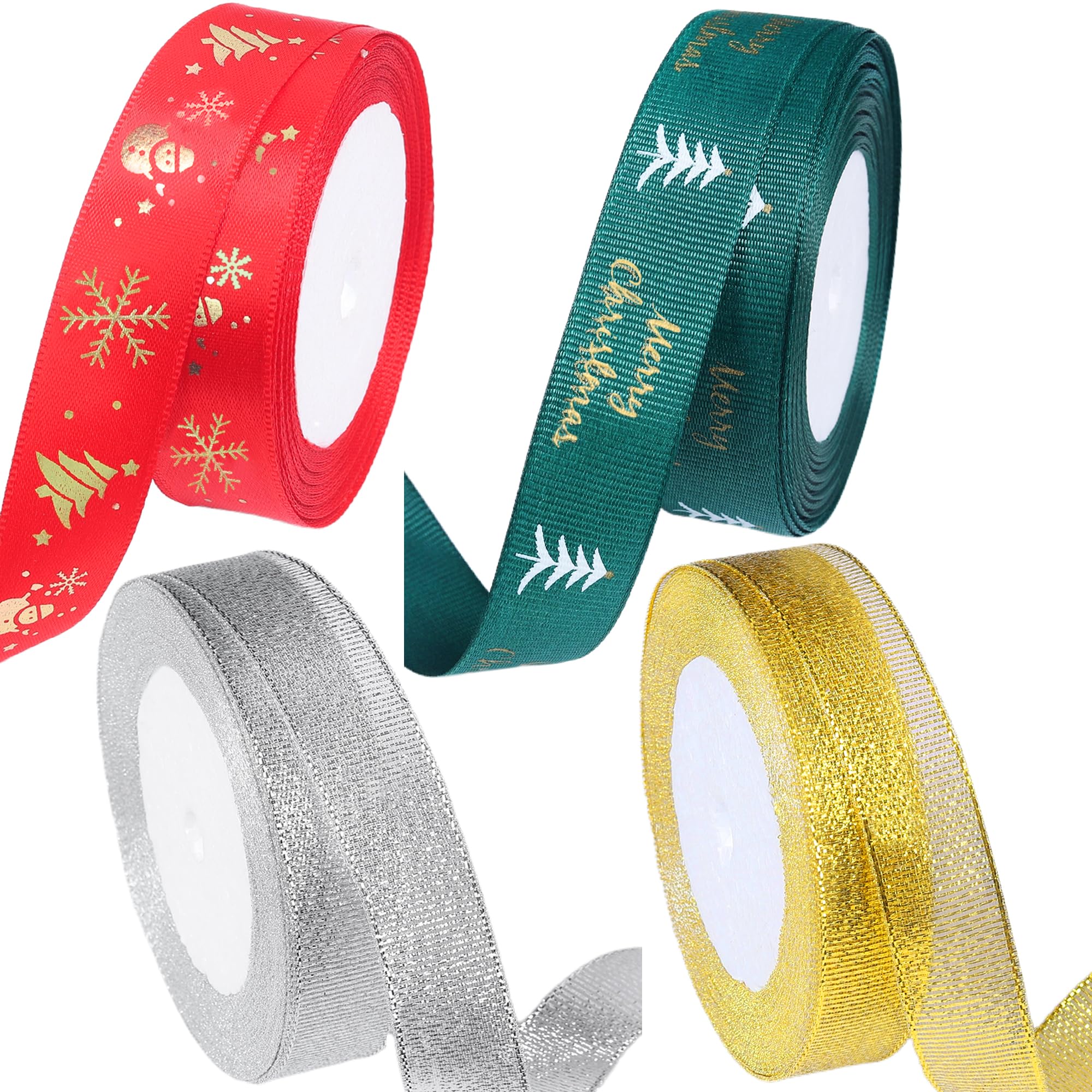 Christmas Ribbon, 20mm Xmas Satin Ribbon for Gift Wrapping, 4 Rolls 70 Yards Xmas Gifts Ribbons for Christmas Wrapping, Wedding, Valentine Ribbon, X-mas Decoration DIY Crafts