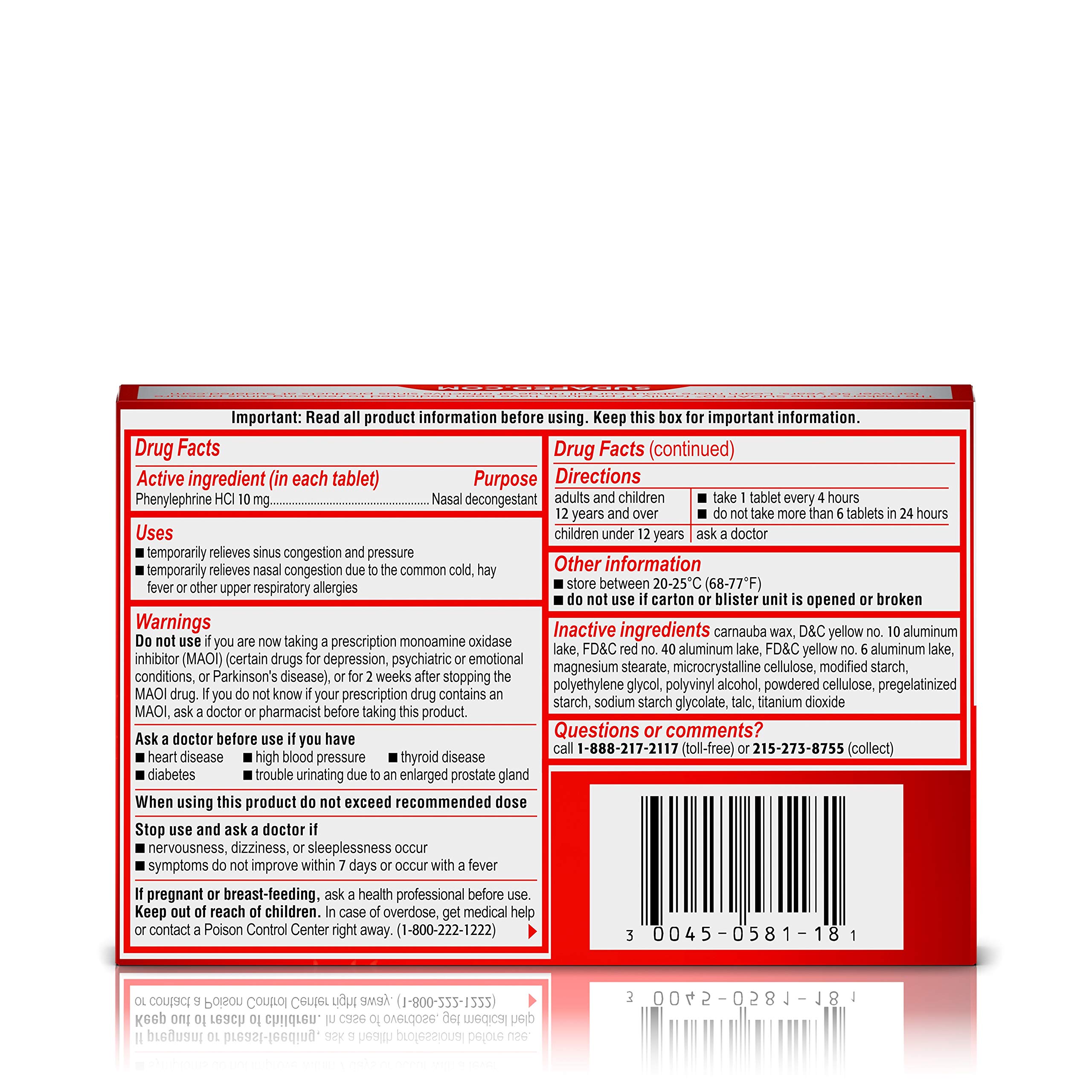 Sudafed PE Congestion and Sinus Pressure Relief Tablets, Non-Drowsy Maximum Strength Nasal Decongestant with Phenylephrine HCI, 18 ct (Pack of 2)