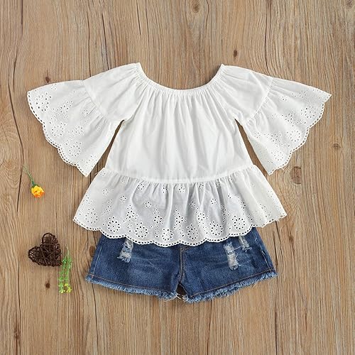 Toddler Kids Baby Girl Denim Outfit Off Shoulder Flared Sleeve