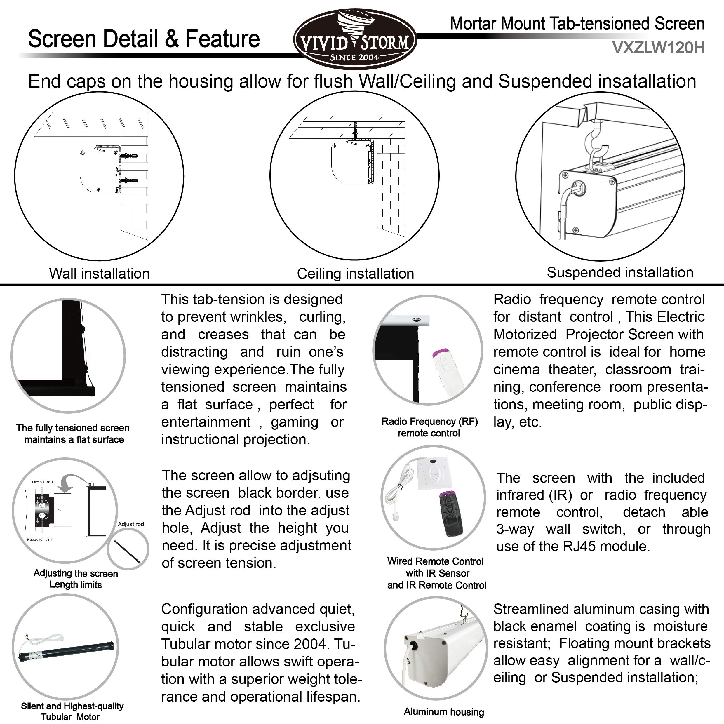 Vividstorm Office Presentation Mortar Mount Tension Screen