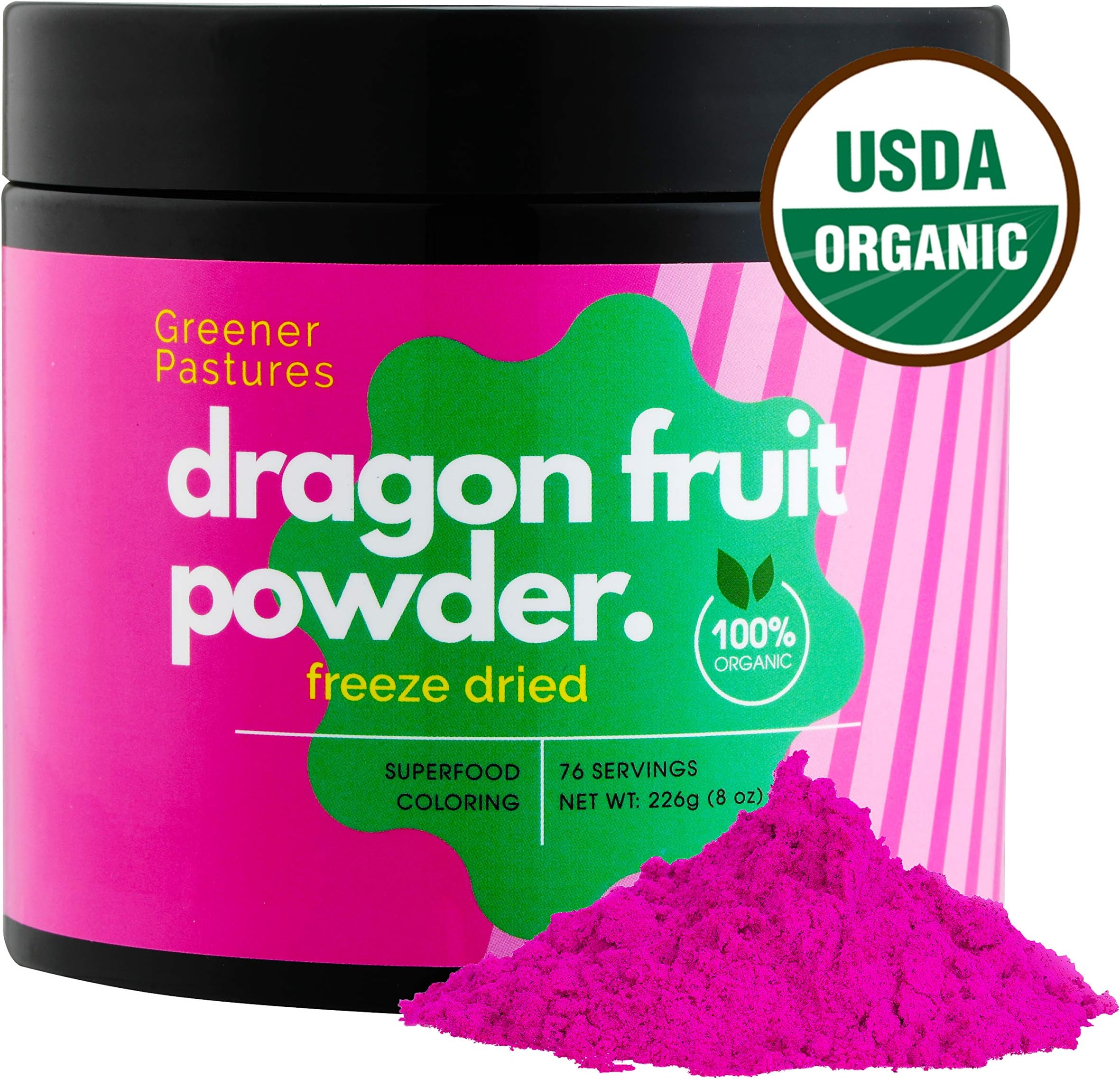 Organic Dragon Fruit Pitaya Powder Superfood (8 oz) Pure Natural Food Coloring, Freeze Dried by Greener Pastures