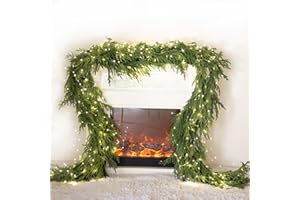 MISSPIN 9ft Christmas Garland with LED Lights, Real Touch Norfolk Pine Garland, Green Artificial Greenery Garland for Table, Mantle, String Light, Wall, Indoor, Outdoor Christmas Decorations