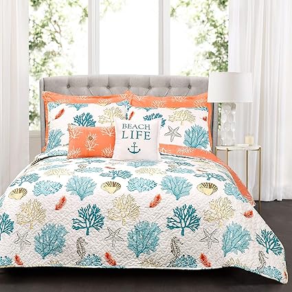 Amazon Com Misc 7 Piece Blue White Beach Theme Quilt King Set