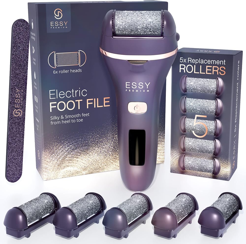 Essy Electric Foot File with 5 Rollers Rechargeable Foot Pedicure Set Purple