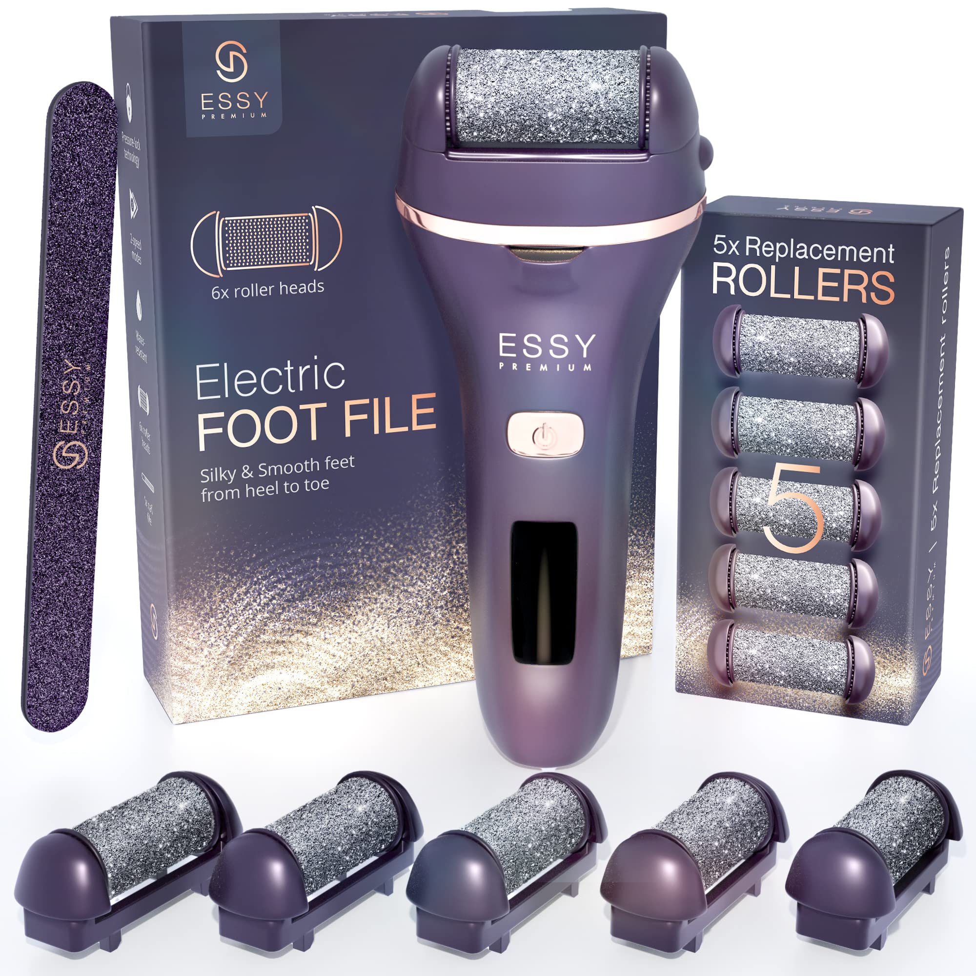 Essy Electric Foot File Hard Skin Remover with 5 Replacement Rollers Foot File Electric Pedicure Sets Cutters Accessories for Dry Dead Hard Skin Feet Callus Remover, Feet Care Exfoliator (Purple)