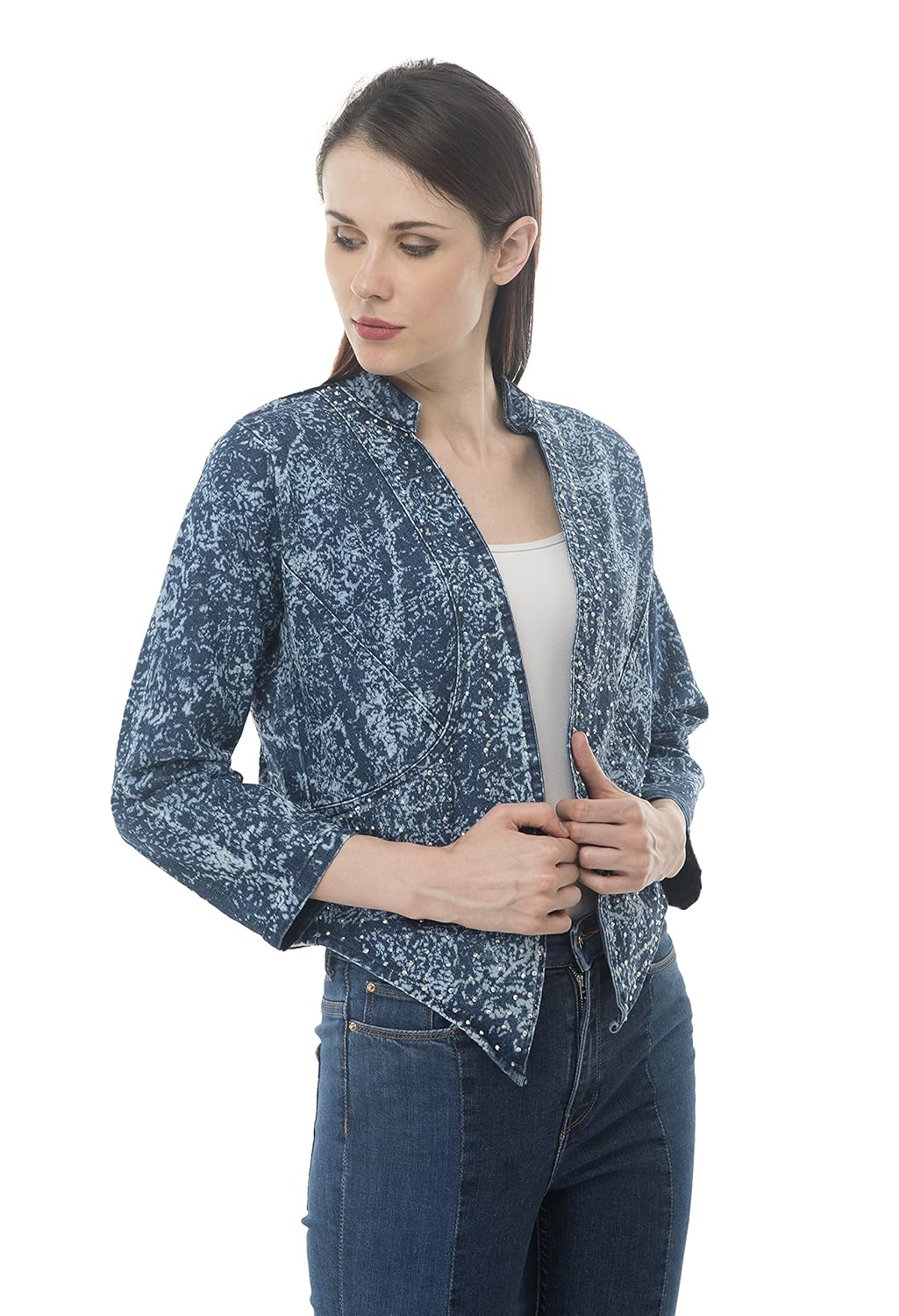 lomato denim full sleeves stone embroidered shrug