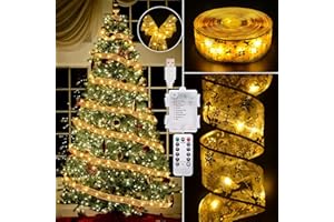 Vimorg Christmas Decorations - 2.5Inch x 66Ft 200 Led Christmas Tree Ribbon Lights with 8 Lighting Modes, Battery Operated & USB Powered Fairy String Lights with Timer for Xmas Tree Decor