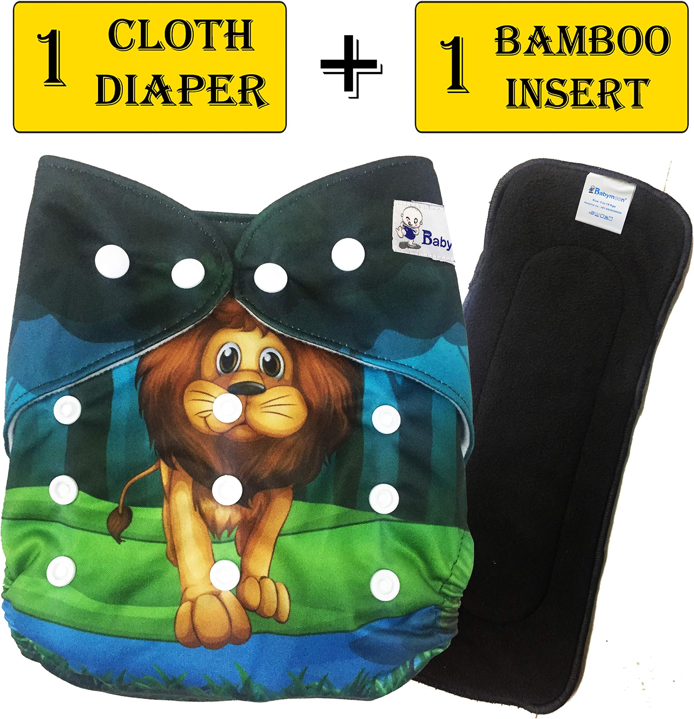 Babymoon (Set of 2) 1 Cloth Diaper with 5Layers Charcoal Bamboo Insert) Premium Adjustable Reusable Cloth Diaper (Lion)