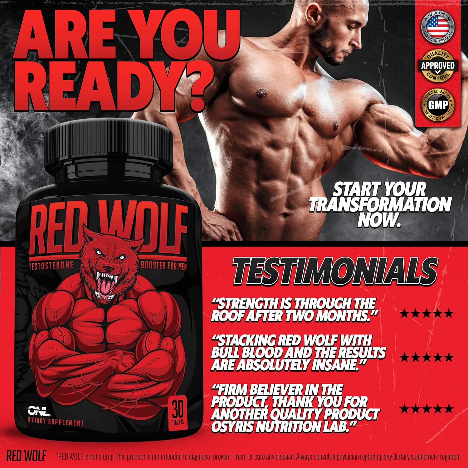 Red Wolf Testosterone Booster for Men - Enlargement Supplement - Ultimate Mens High Potency Endurance, Drive, and Strength Booster - Osyris Nutrition Lab - 1 Month Supply - Made in USA: Health & Personal Care