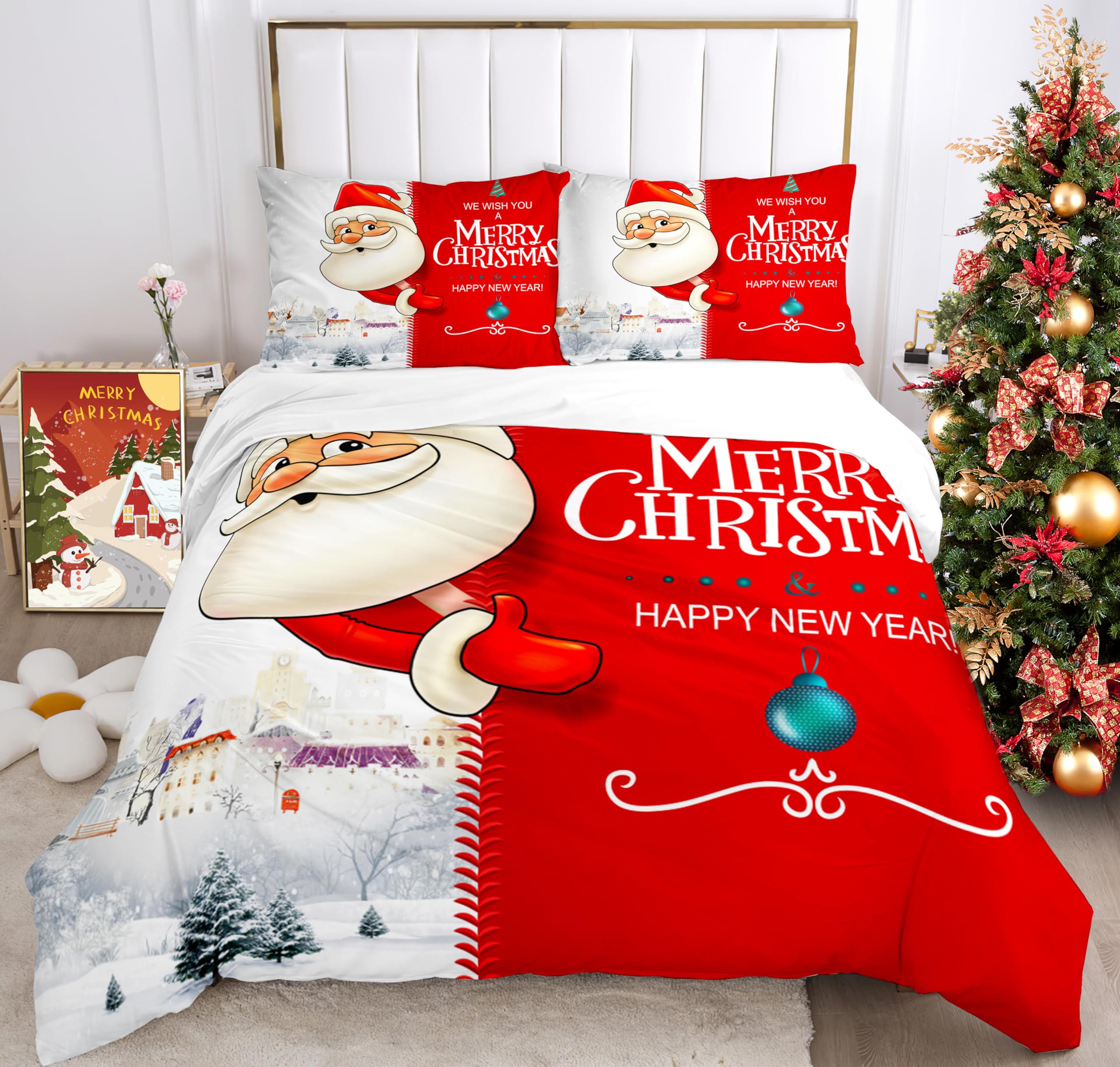 IUNTWEIE Christmas duvet set double,Santa Claus and Moose Snowman Red Duvet Cover,Christmas Decoration,Soft Zippered Bedding Set (220 x 240 cm, B)