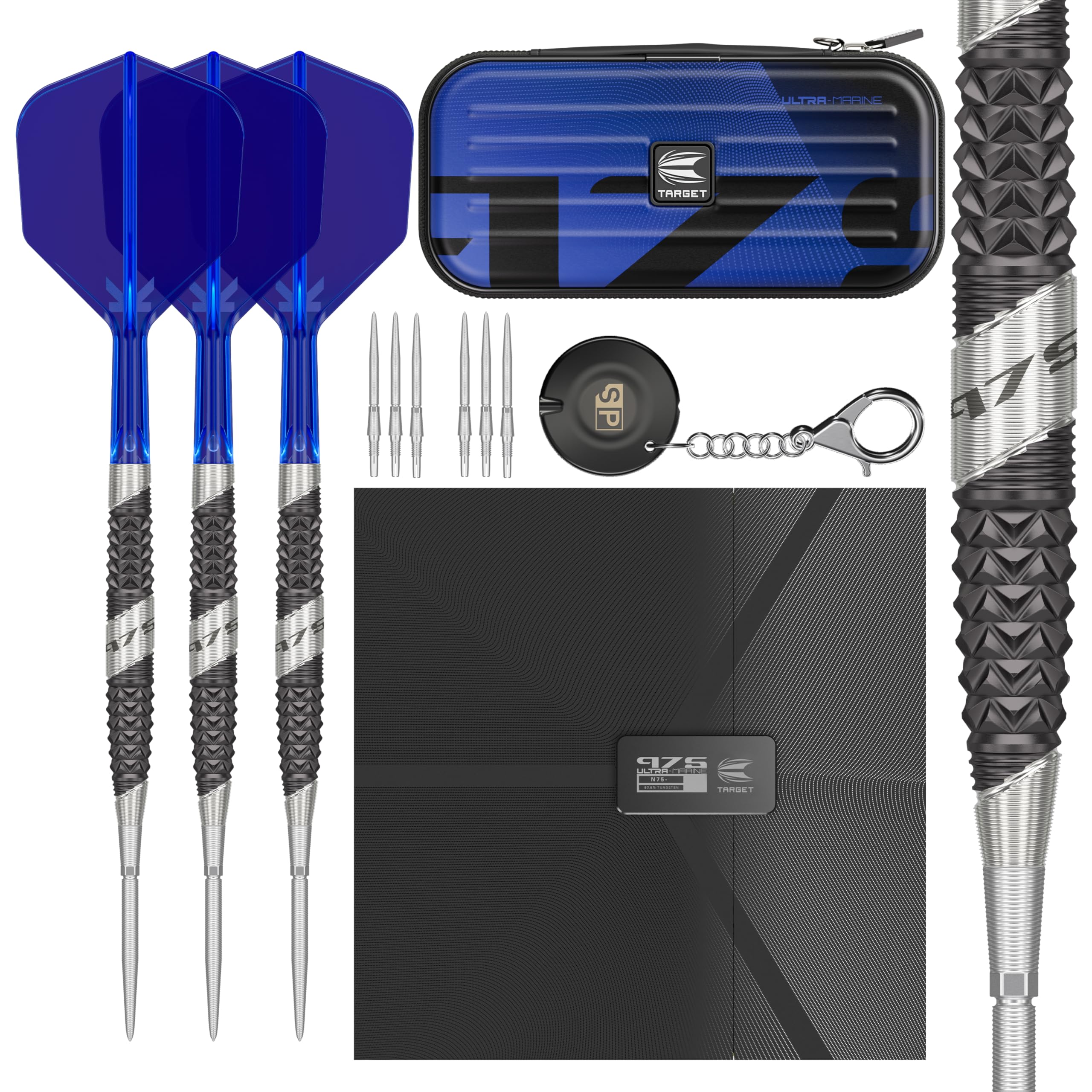 Target Darts 975 Ultra Marine 03 22G 97.5% Tungsten Swiss Point Steel Tip Darts Set with K-Flex