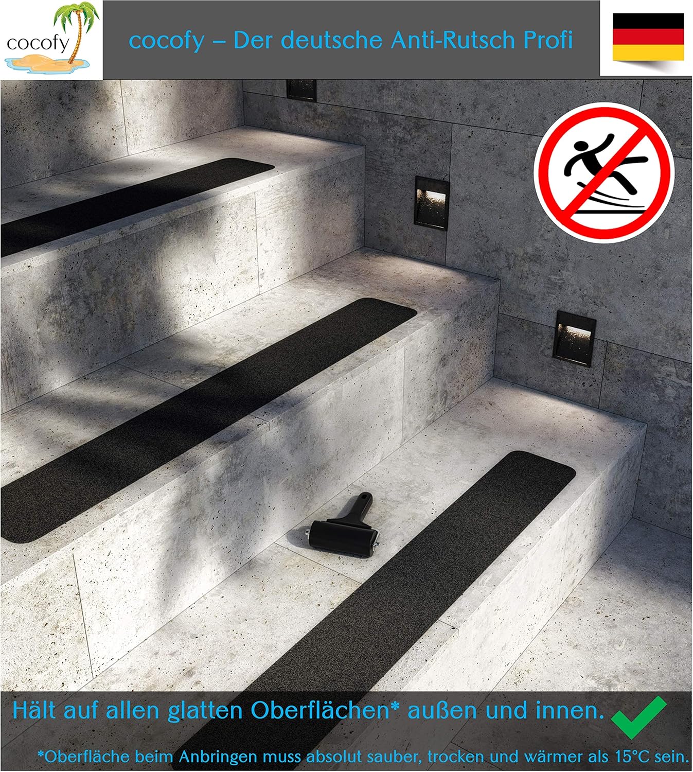 Cocofy Anti Rutsch Sticker Fur Treppen Aussen Und Innen 10x Streifen 61x10 Cm Schwarz Starker Halt Dank Spezial Outdoor Oberflache Rutsch Schutz Fur Treppenstufen Mit Montageroller Amazon De Baumarkt