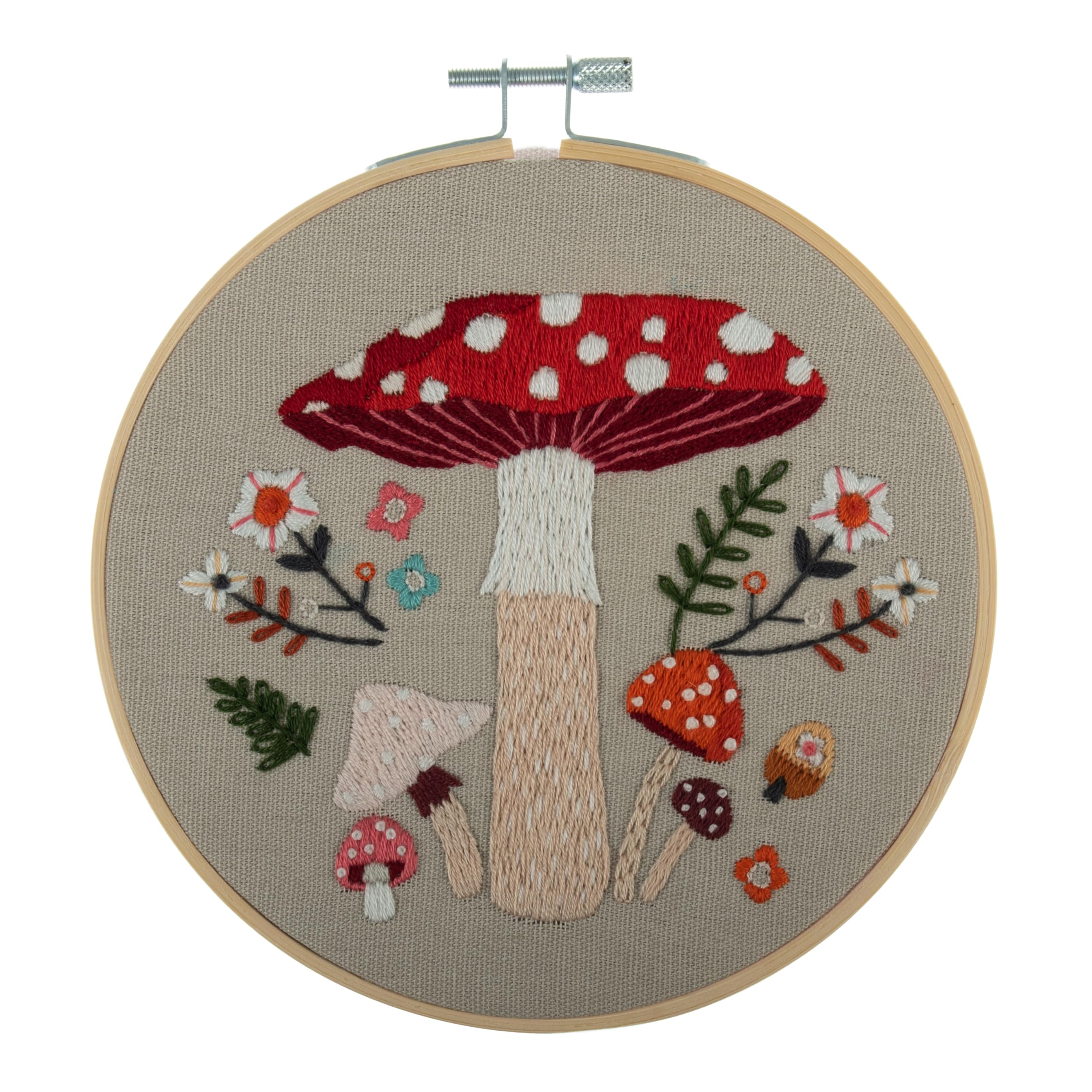 Trimits Embroidery Hoop Kits - 15cm 6” Beginner Starter Set, Includes Bamboo Hoop Threads Cloth Needle Backing & Instructions, Toadstool — image 1
