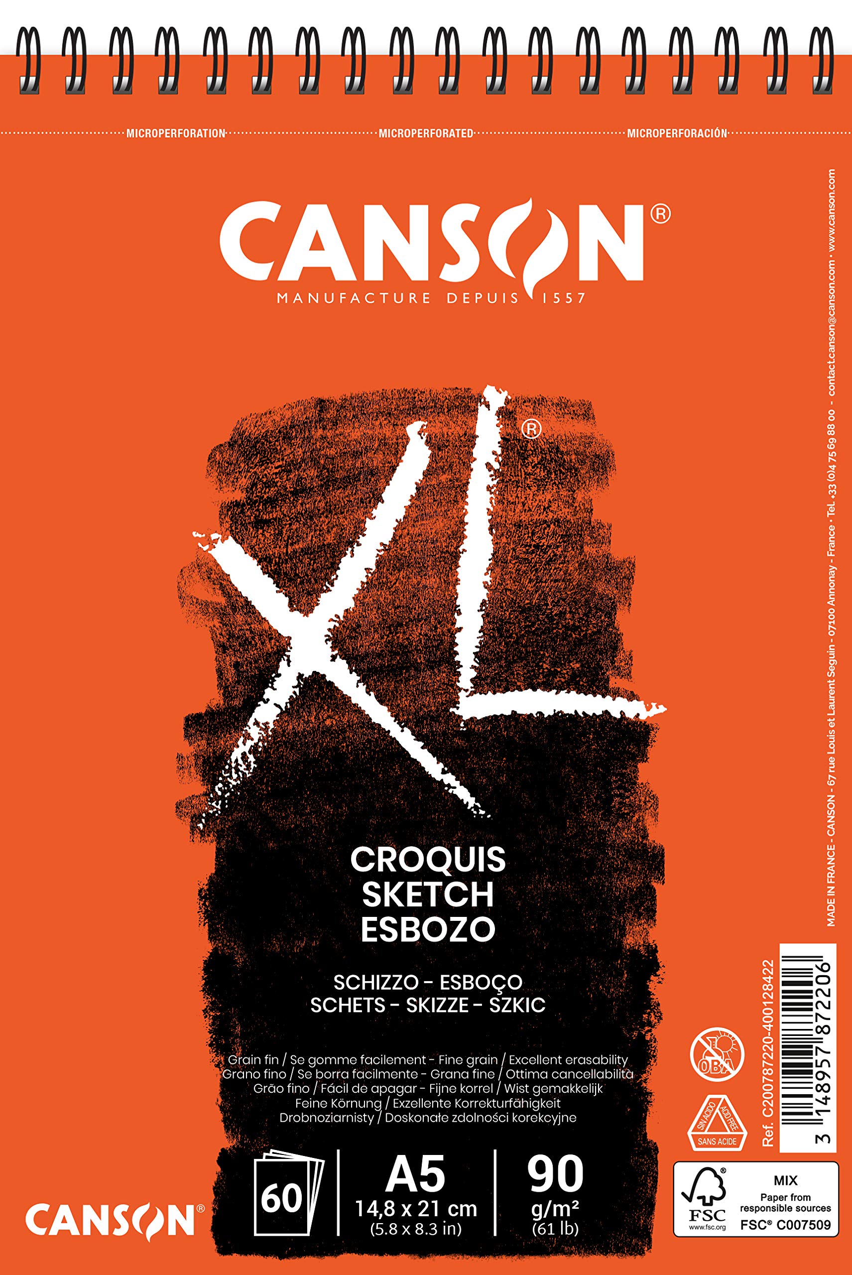 CANSON XL Sketch 90gsm A5 Paper, Fine Grain, Spiral Pad Long Side, 60 Ivory Sheets, For Professional Artists & Illustrators