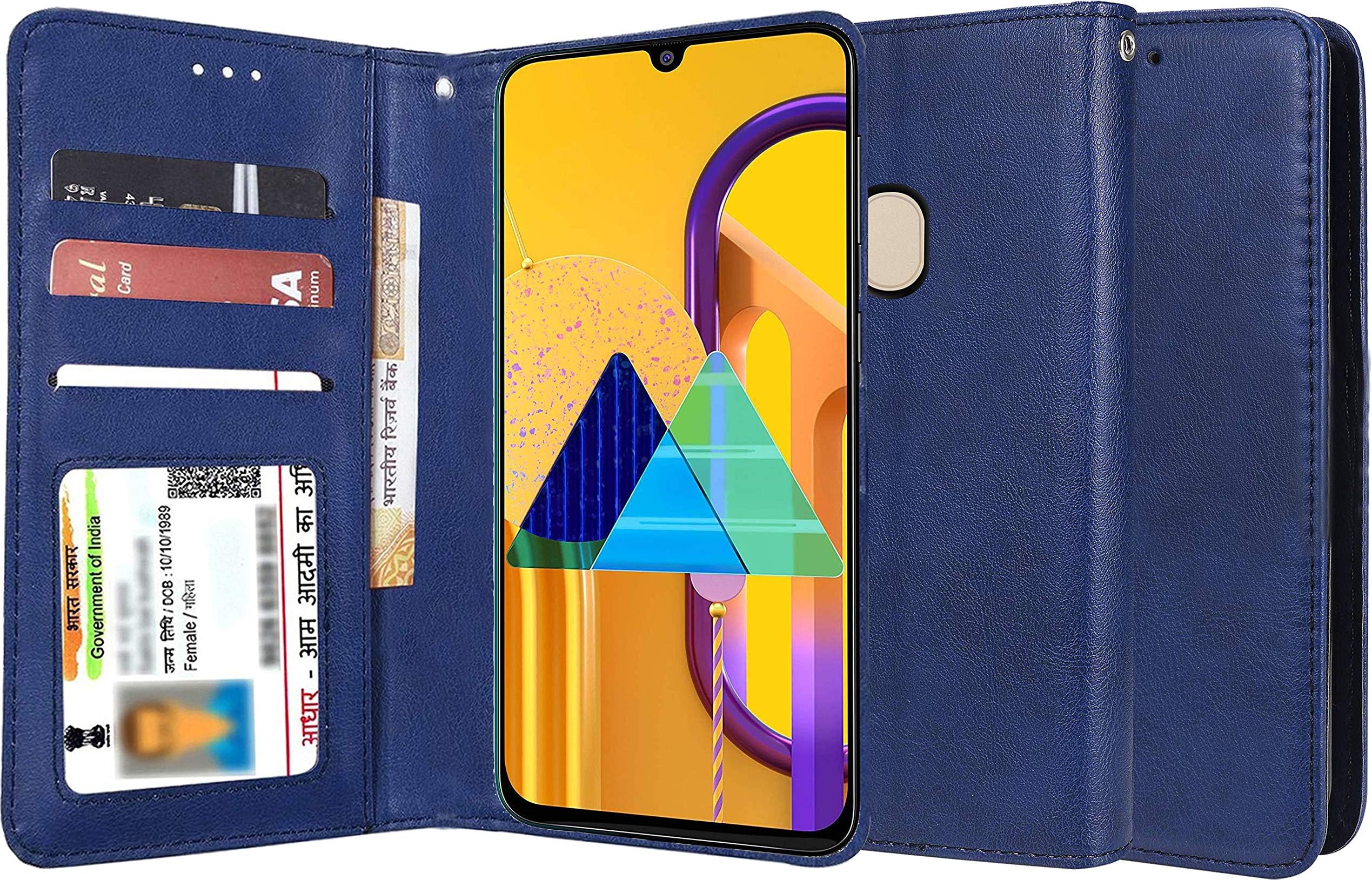 Unistuff Faux Leather Back Case Flip Cover for Samsung Galaxy M30s with ID Card Slot | Foldable Stand | 2 Card Slot | 1 Cash Slot - Executive Blue, 61569