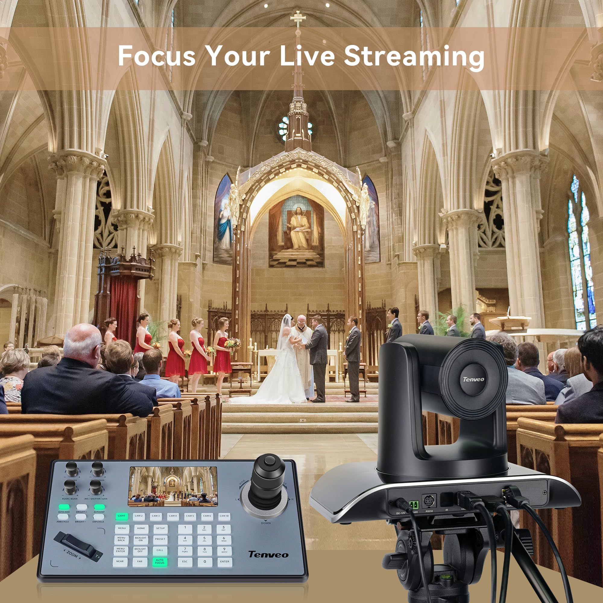 Tenveo NDI PTZ Camera Joystick Controller, 5'' LCD Screen Real-time Preview 4D Joystick Control Keyboard Support NDI PoE VISCA Pelco-D/P RS422/RS485 RS232 RJ45 For Church Live/Events/Live Streaming