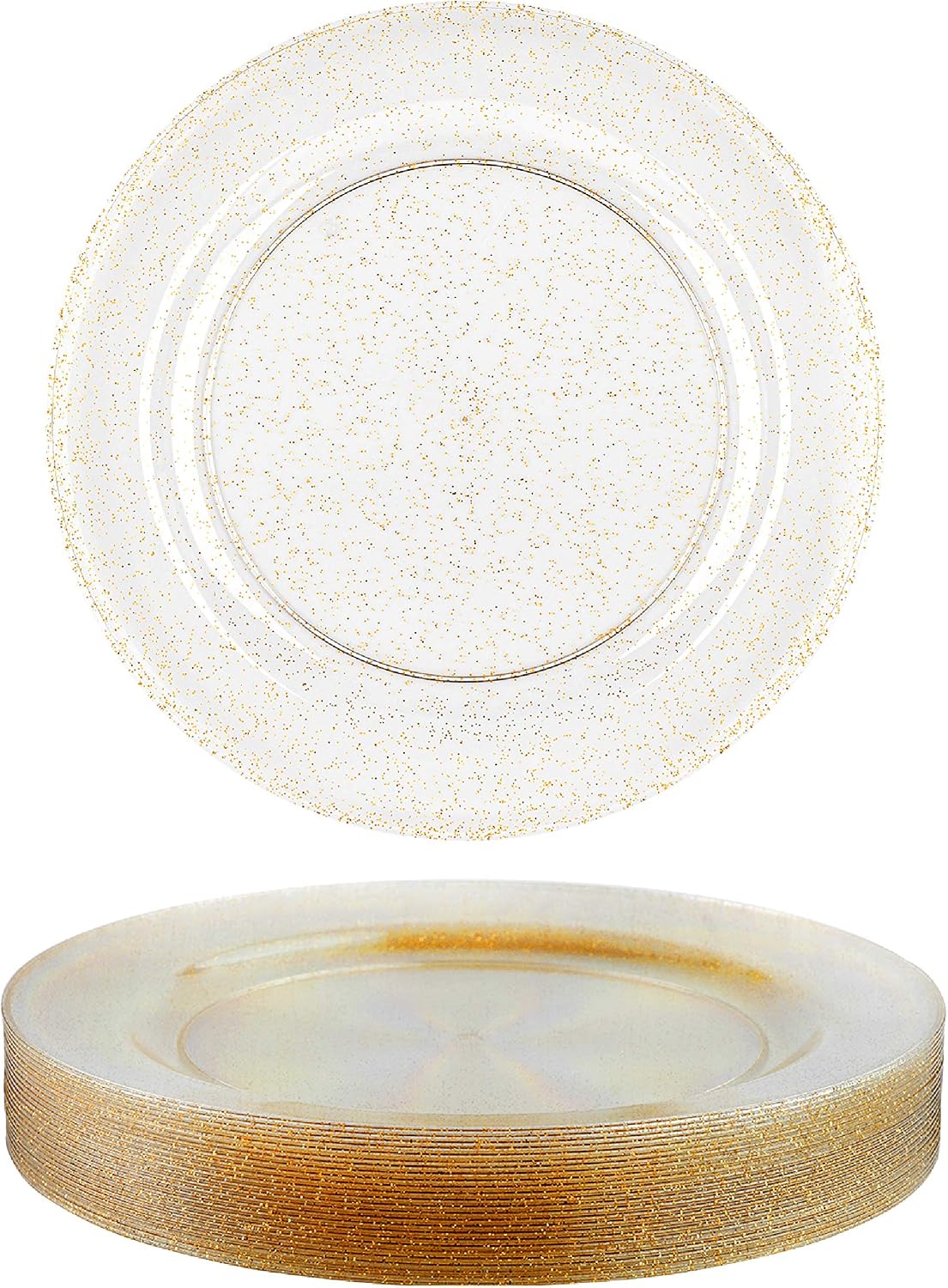 MATANA 25 Elegant Clear Hard Plastic Dessert Plates with Gold Glitter, 19cm, Sturdy & Reusable, Weddings, Birthdays