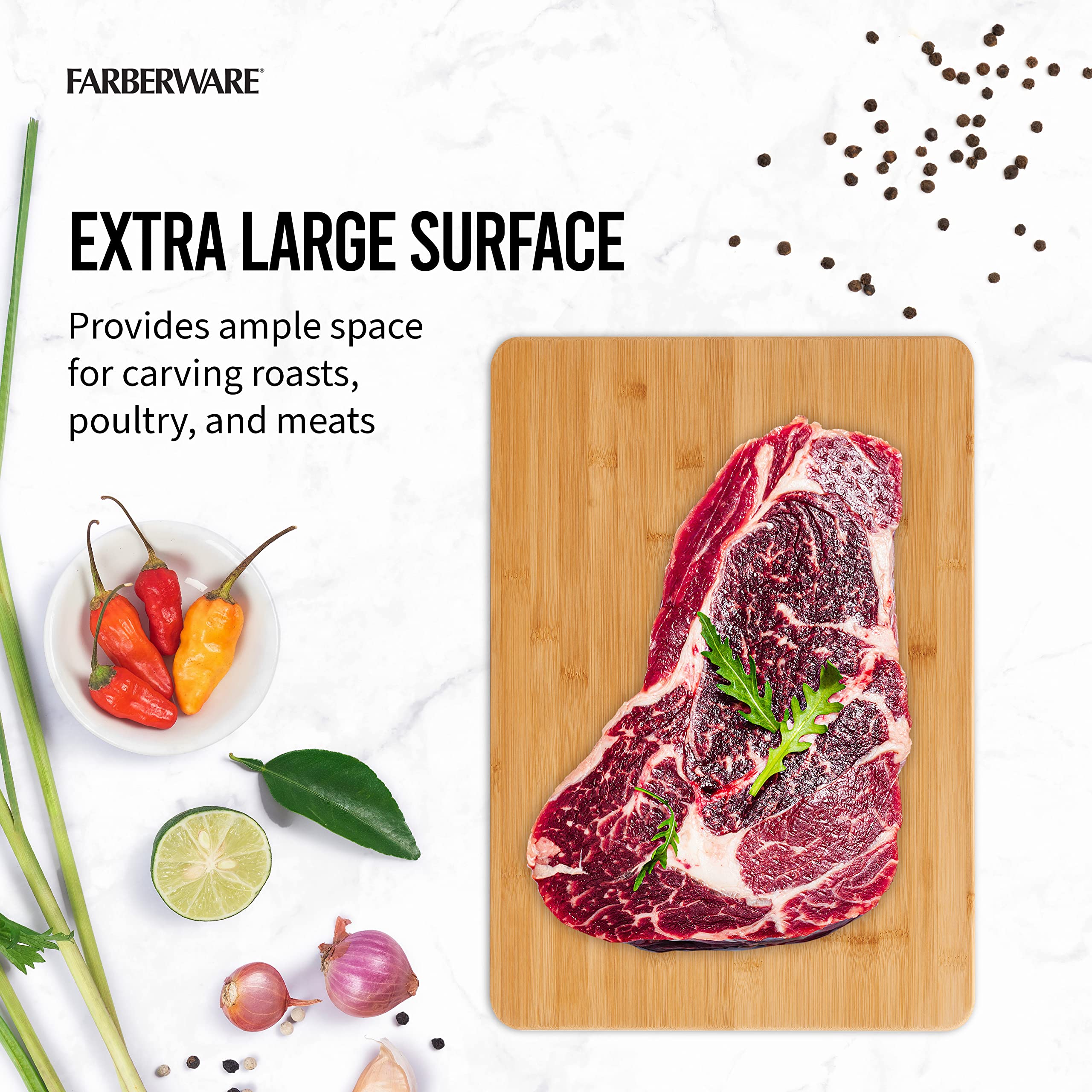 Farberware Extra-Large Wood Cutting Board, Reversible Chopping Board for Kitchen Meal Prep and Serving, Charcuterie Board, 14.17-Inch x 20.08-Inch, Bamboo