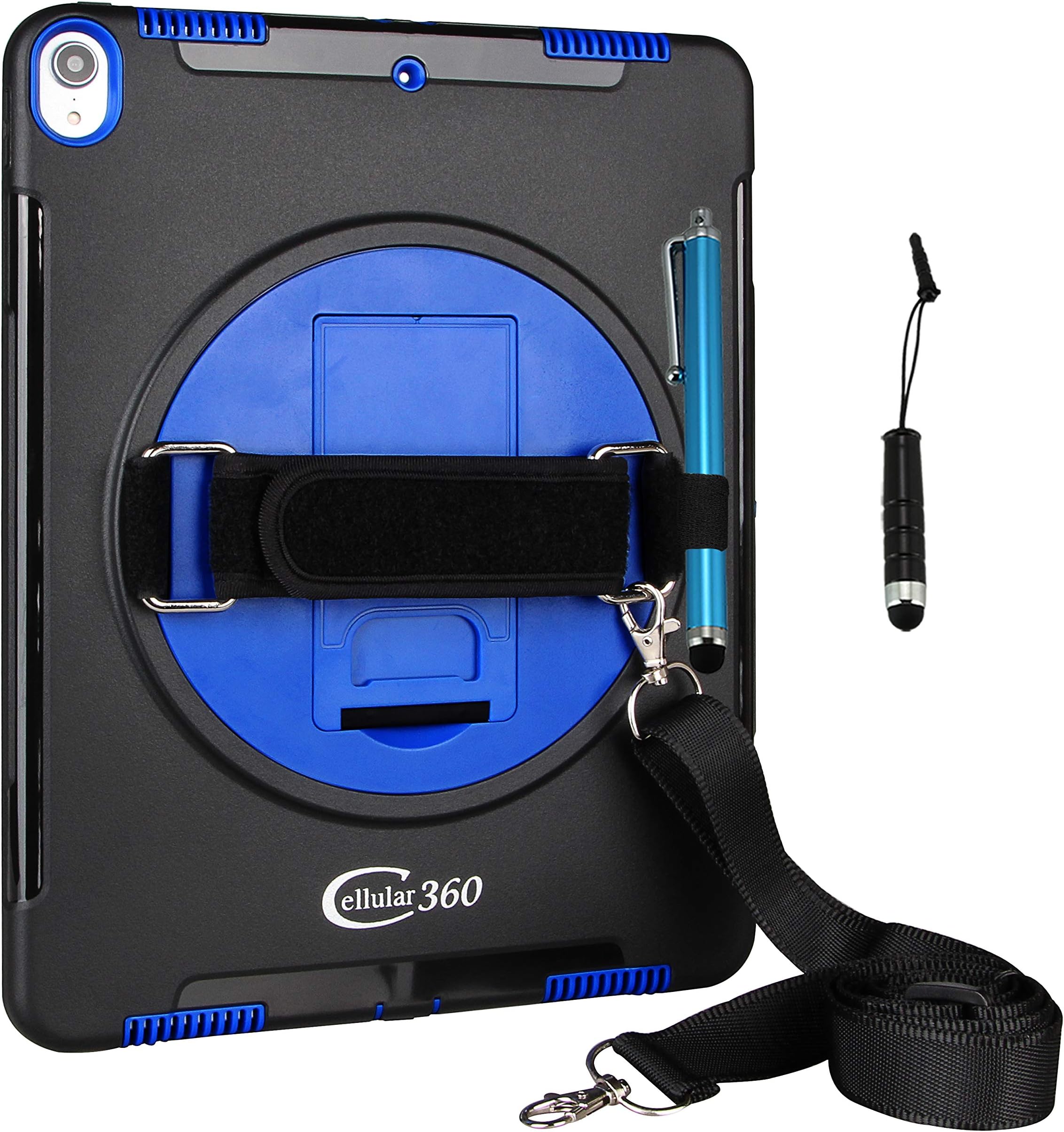 Cellular360 Shockproof Case for iPad Pro 12.9 2018 (3rd Generation with no home button) with 360 Degrees Rotatable Kickstand, a Handle, Pencil Holder and Shoulder Strap (Black/Blue)