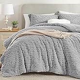 Homelike Moment Fluffy Comforter Set Queen Size, Grey Warm Fleece Comforter Full Size Bed Set for Winter 3 Piece