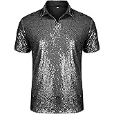 URRU Men's Relaxed Short Sleeve Turndown Sparkle Sequins Polo Shirts 70s Disco Nightclub Party Shirt Tops
