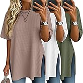 Baggyfly 3 Pack Women's Oversized Waffle Knit Short Sleeve Tops Side Split Crewneck Loose Long T-Shirts Summer Casual Tees