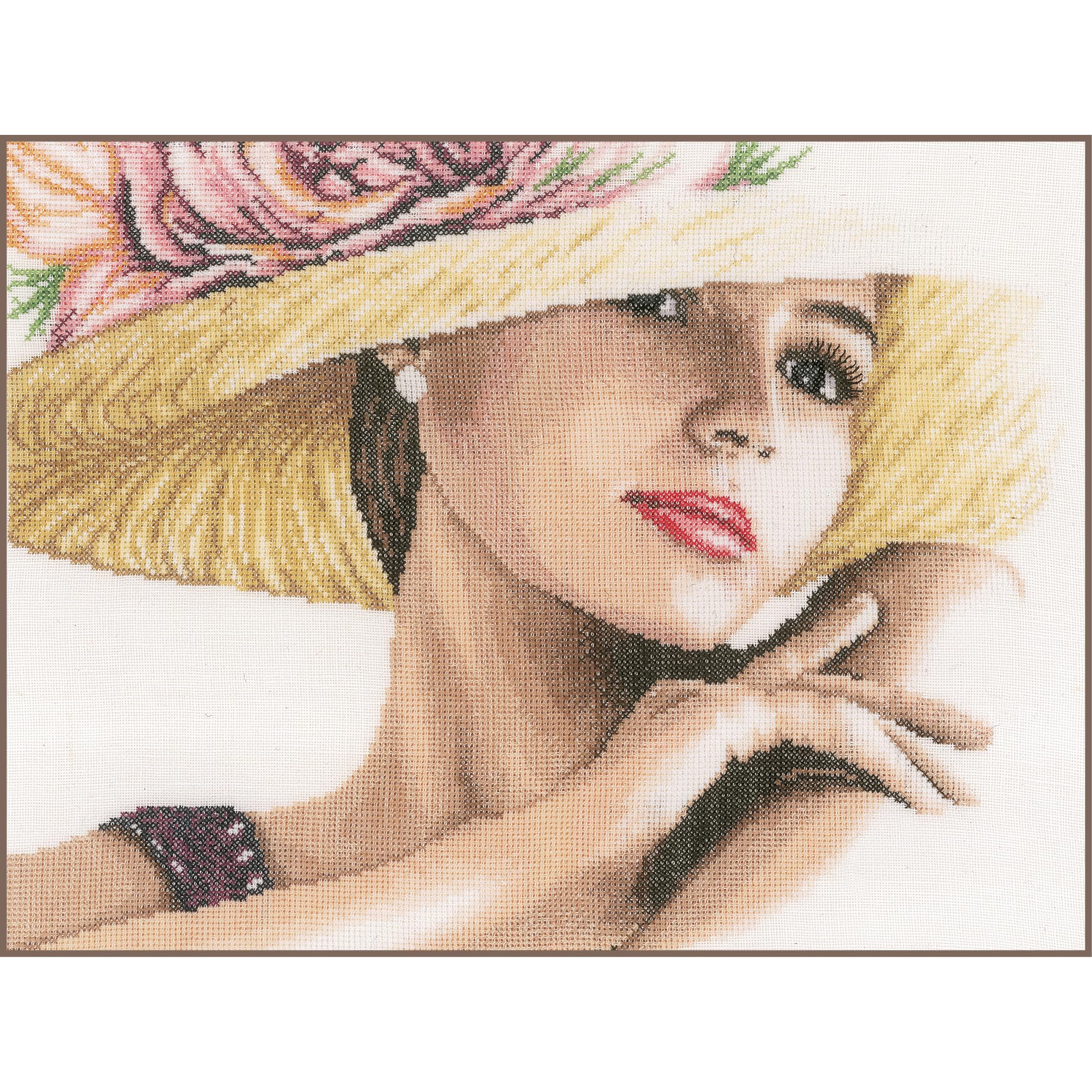Lanarte Counted Cross Stitch Kit Lady with Hat (Linen), Fabric, Assorted, 32 x 22.5 x 2 cm