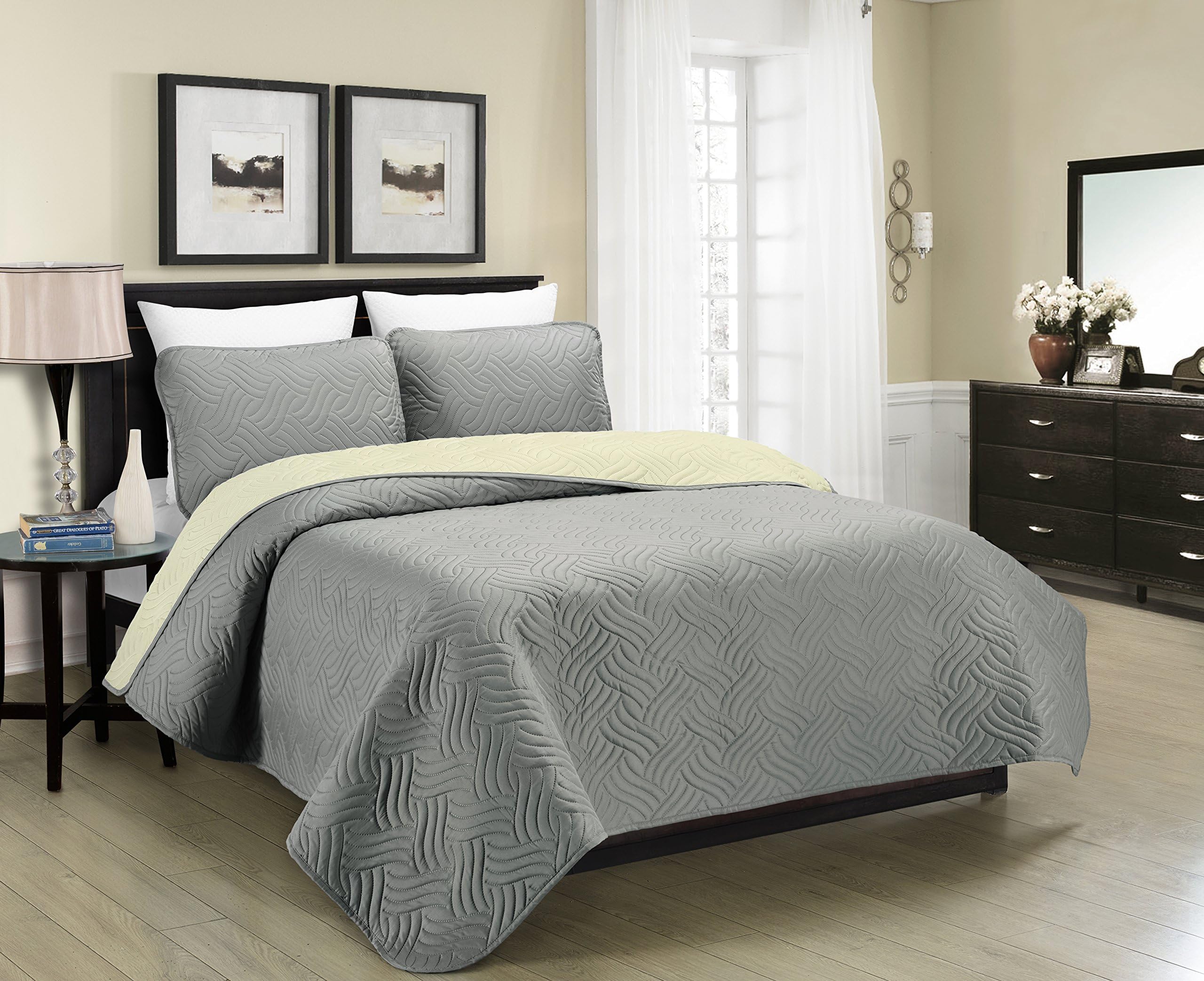 Blissful Living Reversible Luxury Pinsonic Solid Quilt Set Including Shams – Lightweight and Soft for All Year Round Comfort, Available in Twin, Full/Queen and King Size (Grey/Cream, Twin)