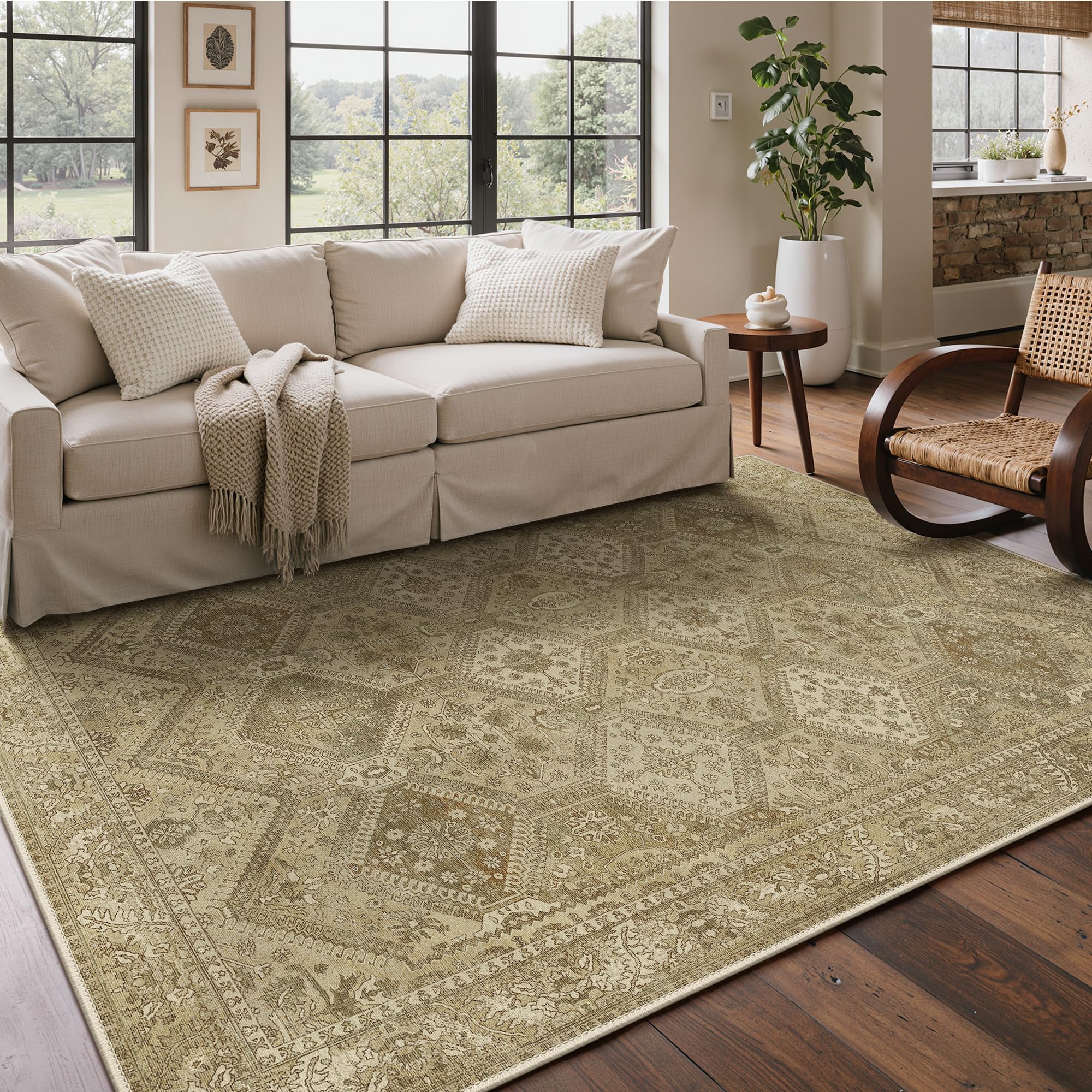 Bavni 6x9 Area Rugs for Living Room, Machine Washable Rug Non Slip, Vintage Chenille Distressed Print Carpet, Large Low Pile Ultra-Thin Lightweight Rugs for Bedroom, Dining Room, Office, Nut Brown Image