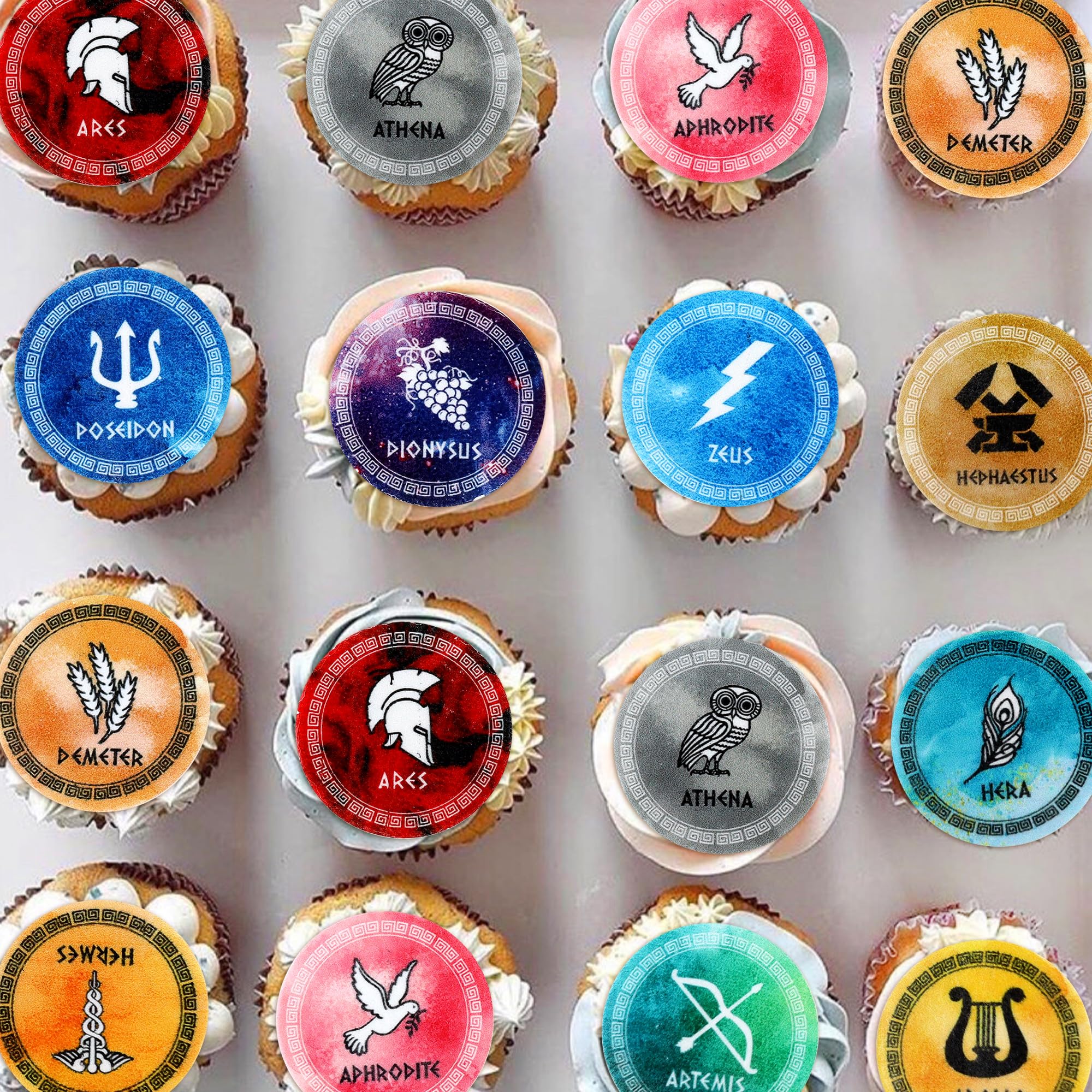 Photo 1 of 48 Pcs Edible Greek Mythology Cupcake Toppers Wafer Paper Greek Mythology Party Decorations Fit for Drink Topper Greek Gods Birthday, Ancient Greek Party Decor, Percy Jackson Birthday Party Decor