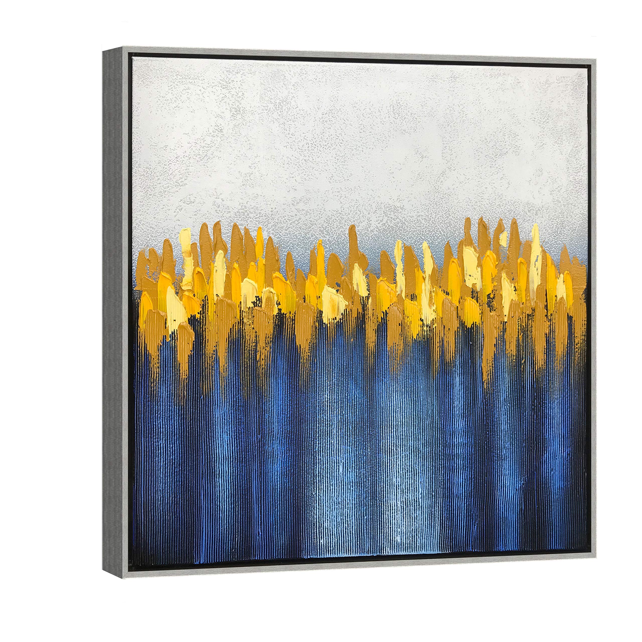 Wieco Art Silver Framed Large Abstract Grey Yellow and Blue Oil Paintings on Canvas Wall Art Modern 100% Hand Painted Artwork for Living Room Home Decorations