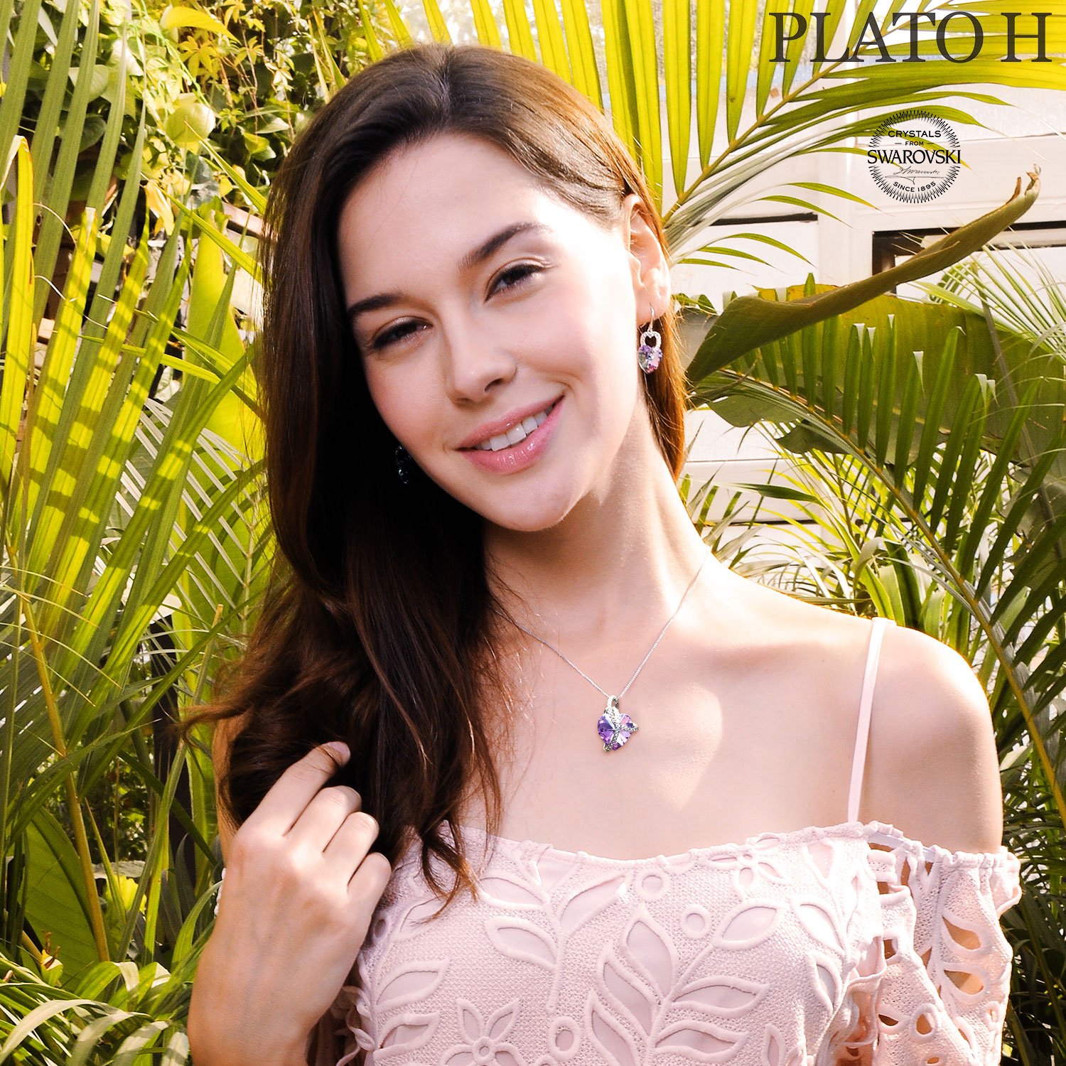 Swarovski Element Necklace Color Changing Crystal Courageous Love Heart Pendant Necklace for Women, Birthday Birthstone Jewelry Gifts for Girl, Amethyst Purple Pink, 18\