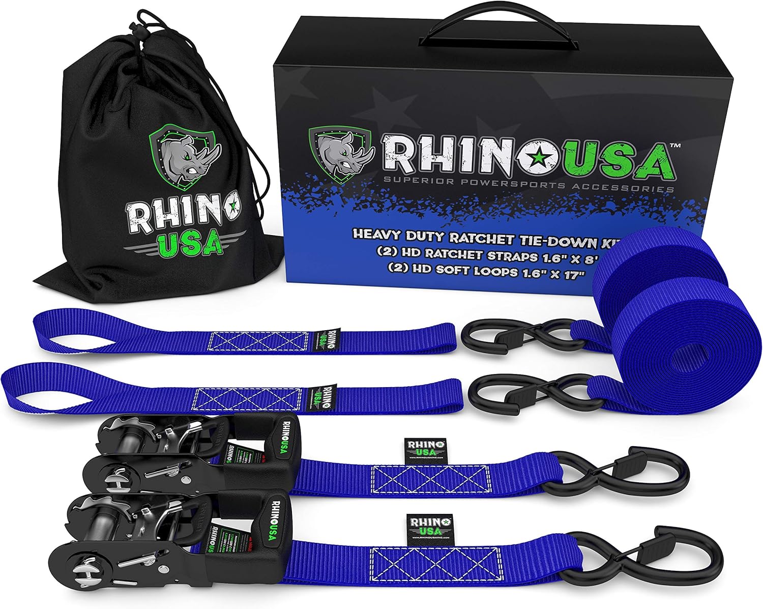 RHINO USA Ratchet Straps Motorcycle Tie Down Kit, 5,208 Break Strength - (2) Heavy Duty 1.6" x 8' Rachet Tiedowns with Padded Handles & Coated Chromoly S Hooks + (2) Soft Loop Tie-Downs (Blue): Home Improvement
