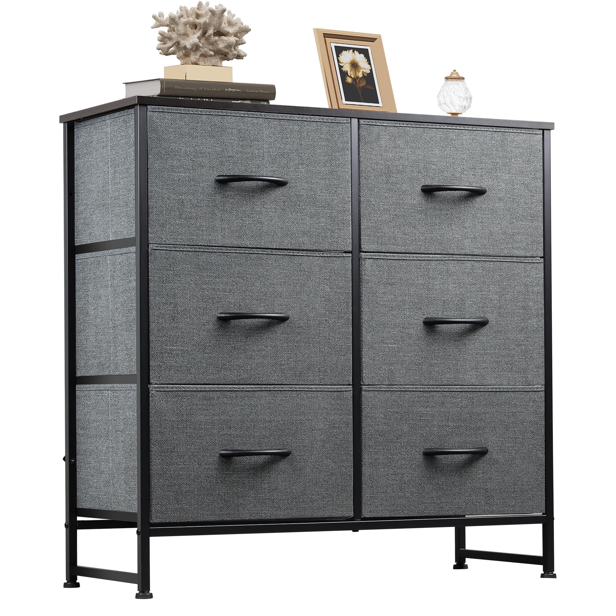View 1 of **MissighardwareWLIVE Fabric Dresser for Bedroom, 6 Drawer Double Dresser, Storage Tower with Fabric Bins, Chest of Drawers for Closet, Living Room, Hallway, Dark Grey