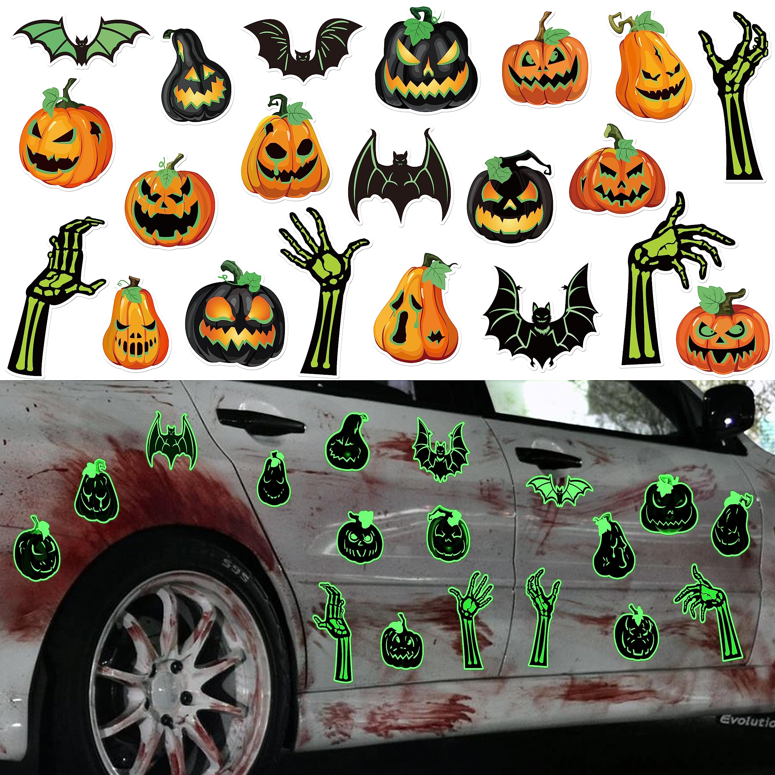 Photo 1 of 21PCS Halloween Car Magnets Decorations - Magnetic Glow-in-The-Dark Bats Pumpkin Skeleton Hands, Garage Door Refrigerator Trunk or Treat Cruise Decor