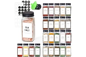 ComSaf 24Pcs 4oz Glass Spice Jars with Shaker Lids, 93 Labels, a Handy Funnel, a Pepper Grinder, Empty Spice Containers and S