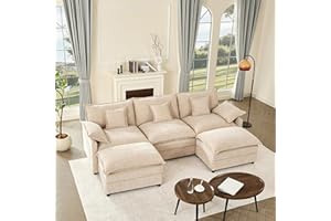 GOSUHI 108" U Shaped Couch, Modular Sectional Sofa, 3-Seater Comfy Cloud Couch with Movable Ottoman, Deep Seat Couches for Living Room, Chenille, Flat White